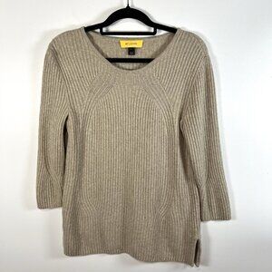 St. John‎ Metallic Rib knit sweater Women’s Size Large Wool Cashmere Tan Luxury